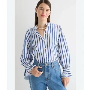 J. Crew Women's Blue and White Striped Button Down Shirt